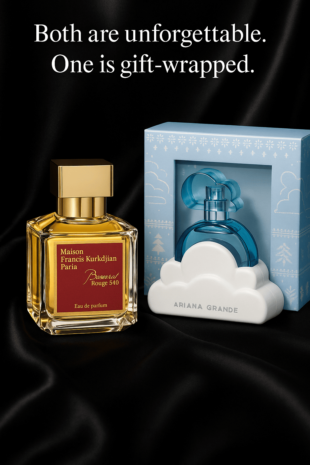 Baccarat Rouge 540 and Ariana Grande Cloud side by side on black silk